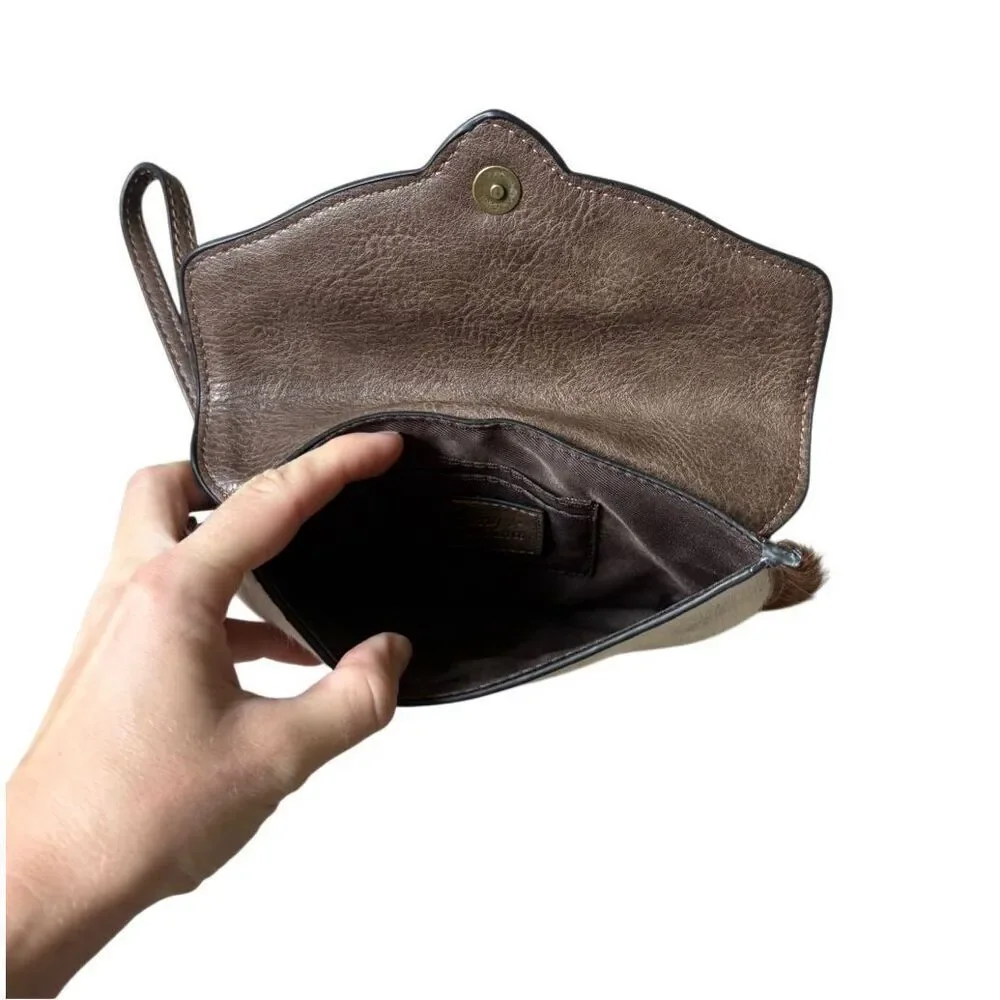 NWOT Tony Lama Cowhide Clutch Wristlet Bag Turquoise Accents Western Brown White